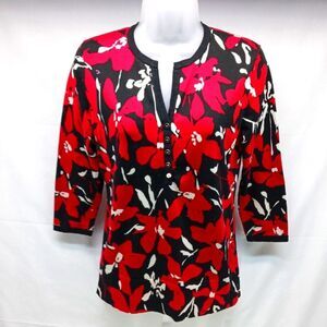 AK Anne Klein Poinsettia Black/ Red  3/4 Sleeve Career Knit Sweater Women's L..